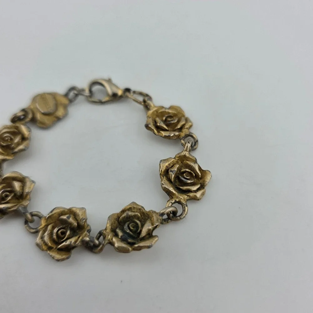 Express Rose Floral Link Kids Bracelet Antique Style Gold Tone FAIR Cottagecore